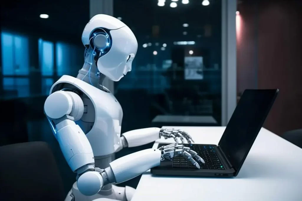 Ein Roboter sitzt mit einem Laptop an einem Schreibtisch.