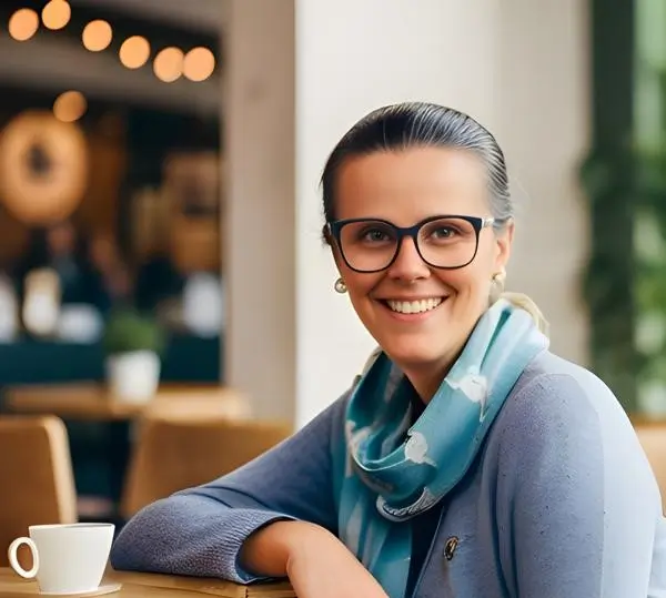 Monika, eine lächelnde Gründerin mit Brille, sitzt mit einer Tasse Kaffee an einem Tisch.