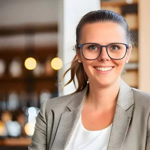 Monika, Gründerin, mit Brille, lächelnd in einem Restaurant.