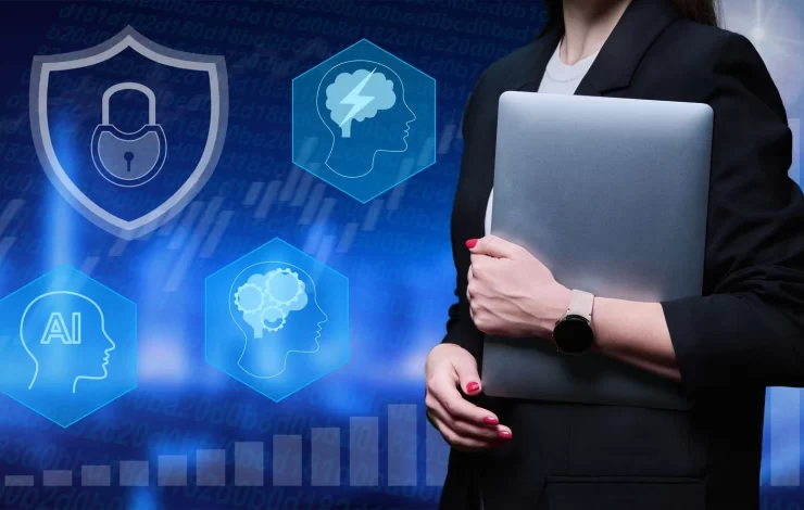 Eine Frau hält einen Laptop vor einem Schild mit einem geschlossenen Sicherheitsschloss und 3 Symbolen von KI.