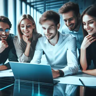 Eine Gruppe Menschen, die auf einen Laptop schaut.