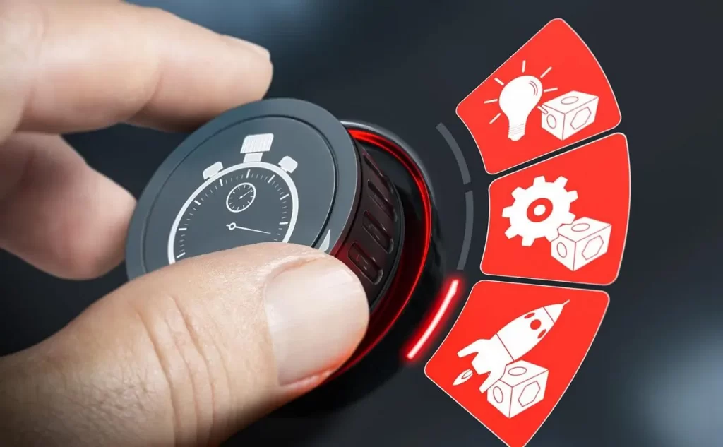 Eine Hand drückt einen Knopf mit Auswahlmöglichkeiten-Symbolen darauf.