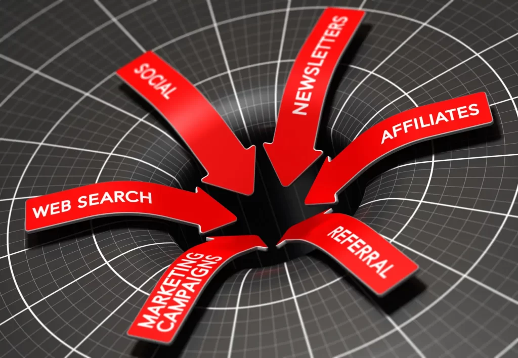 Ein Kreis mit roten Pfeilen, die in eine schwarzen Loch verschwinden.