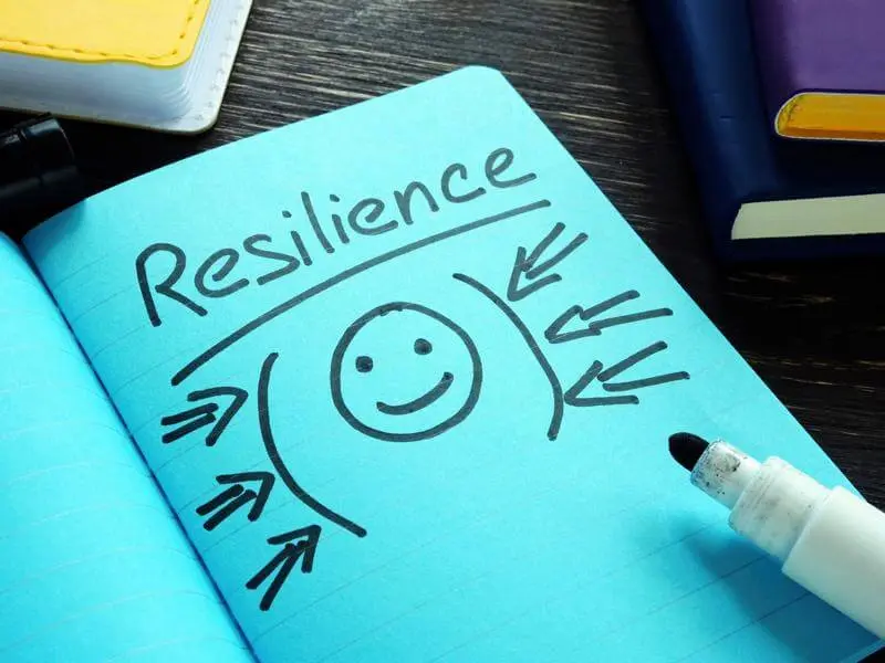 Notizbuch mit dem Wort „Resilienz“ und einem Smiley, umgeben von Pfeilen, die darauf zeigen, als Symbol für das Konzept der Bewältigung von Herausforderungen.