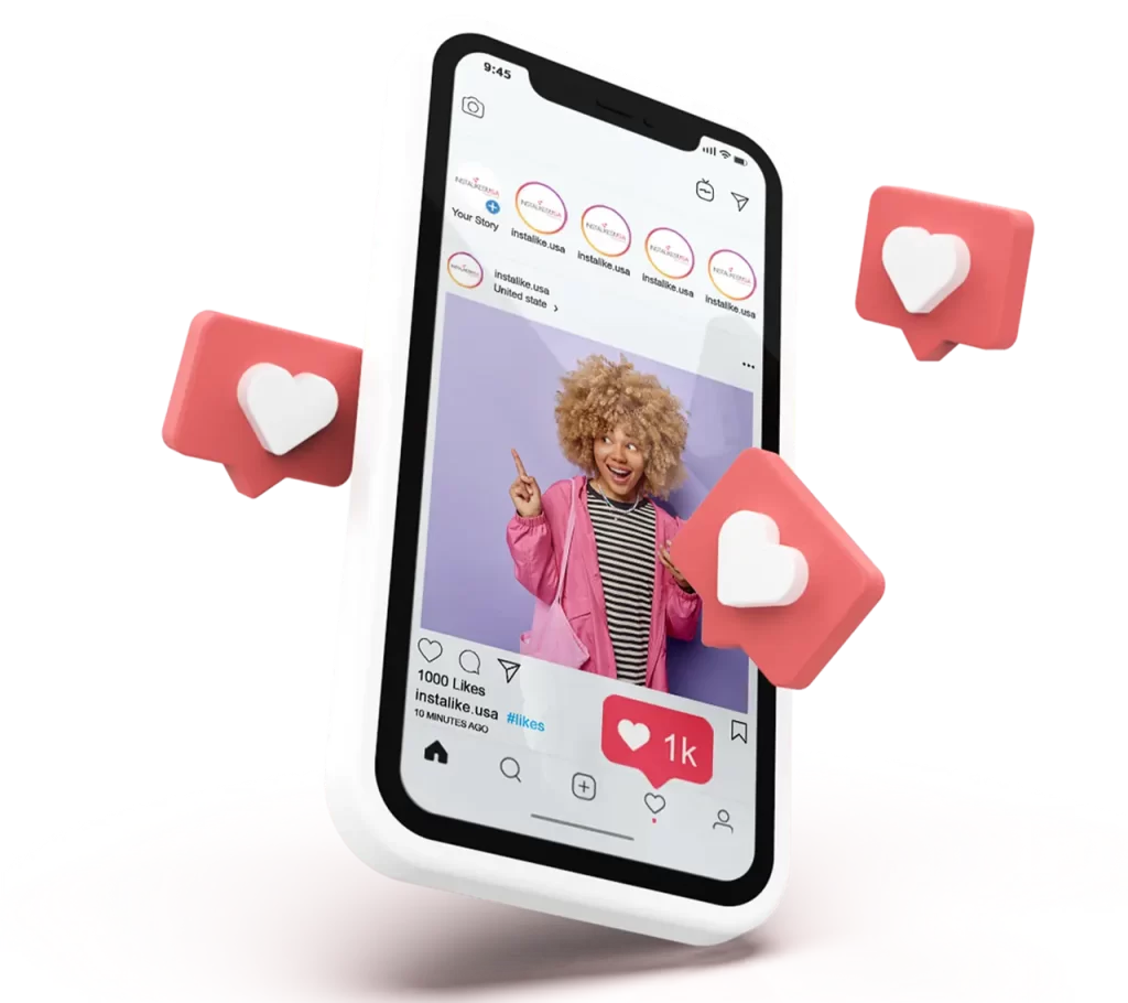 Ein Smartphone, auf dem ein Social-Media-Profil mit dem Bild einer freudigen Person angezeigt wird, die Likes erhält.