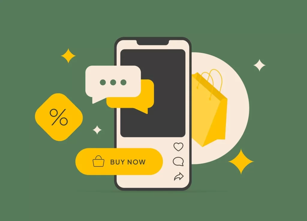 Smartphone mit Einkaufs- und Chat-Symbolen, die Online-Einkauf und Kundenservice darstellen.