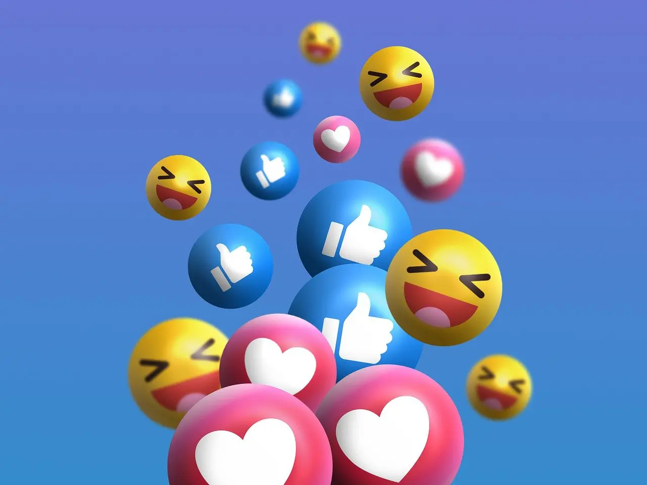 Verschiedene Social-Media-Reaktions-Emojis schweben vor blauem Hintergrund.
