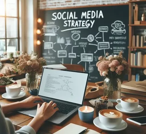 Eine Person, die in einer gemütlichen Café-Atmosphäre an einem Laptop arbeitet, mit einer Tafel mit der Aufschrift „Social-Media-Strategie“ im Hintergrund.
