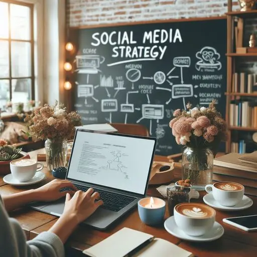 Eine Person, die in einer gemütlichen Café-Atmosphäre an einem Laptop arbeitet, mit einer Tafel mit der Aufschrift „Social-Media-Strategie“ im Hintergrund.