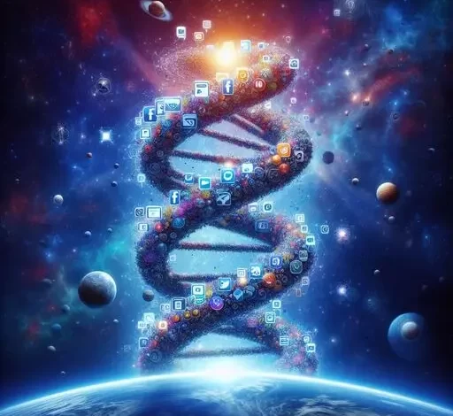Ein digitales Kunstwerk, das eine DNA-Helix darstellt, die aus verschiedenen Technologie- und Social-Media-Symbolen besteht, vor einem kosmischen Hintergrund mit Planeten und Sternen.