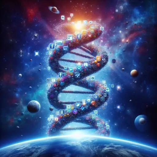 Ein digitales Kunstwerk, das eine DNA-Helix darstellt, die aus verschiedenen Technologie- und Social-Media-Symbolen besteht, vor einem kosmischen Hintergrund mit Planeten und Sternen.