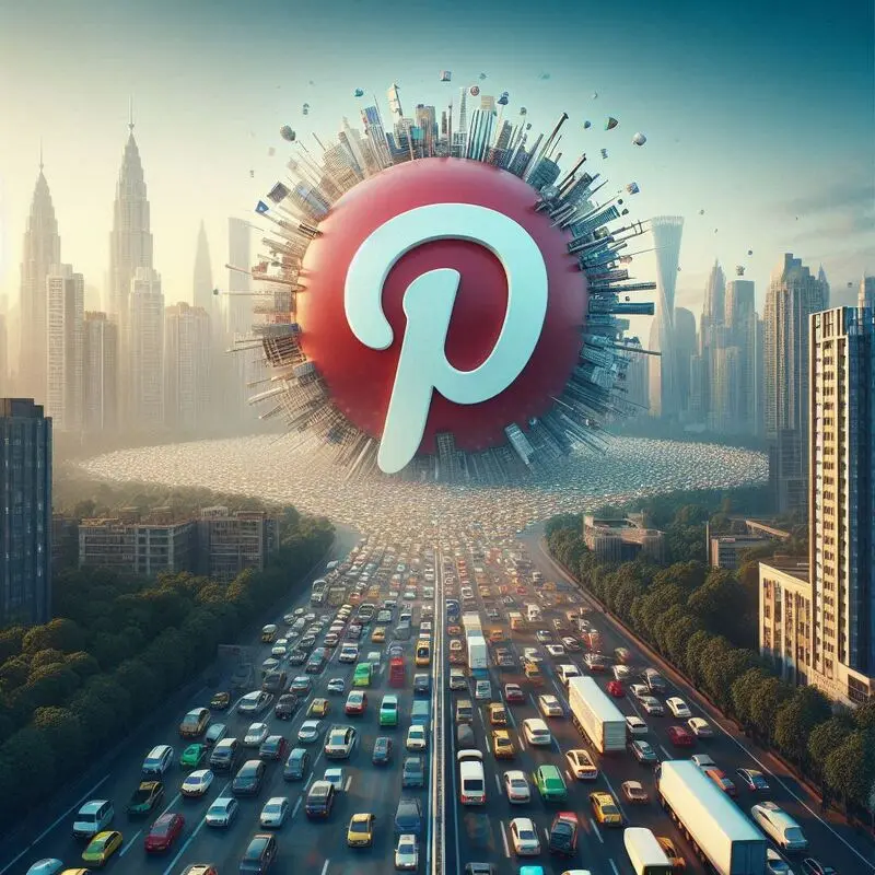 Ein riesiges Pinterest-Logo erhebt sich über einem dicht besiedelten Stadtgebiet mit vielen Autos auf den Straßen, die in Richtung Stadtzentrum führen, umgeben von hohen Gebäuden.