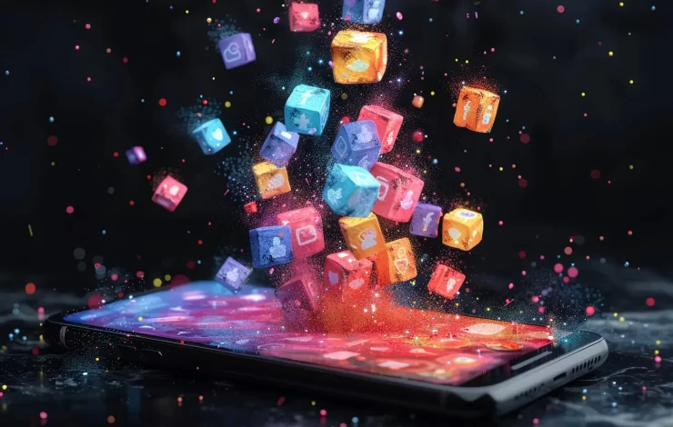 Ein Smartphone, aus dessen Bildschirm bunte App-Symbole hervorquellen, die vor einem dunklen, verschwommenen Hintergrund verschiedene Social-Media-, Kommunikations- und Dienstprogramm-Apps darstellen.