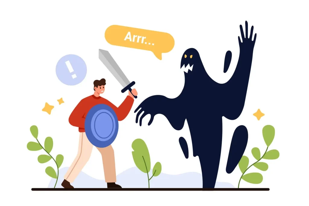 Eine Person mit Schwert und Schild steht einer großen, dunklen, geisterhaften Gestalt mit erhobenen Armen gegenüber. Die Person scheint bereit, gegen die Gestalt zu kämpfen, die ein „Arrr“-Geräusch macht.