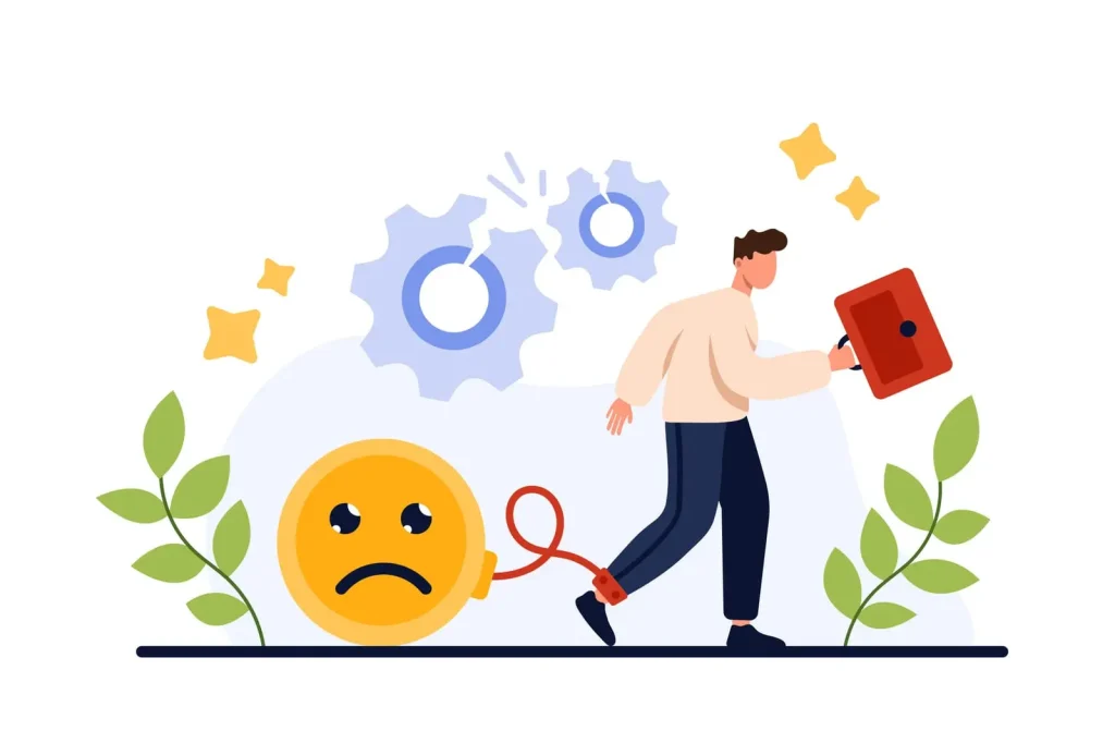 Illustration einer Person, die mit einer Kugel und Kette mit traurigem Gesicht herumläuft, einen roten Aktenkoffer hält und von Zahnrädern und Pflanzen umgeben ist.