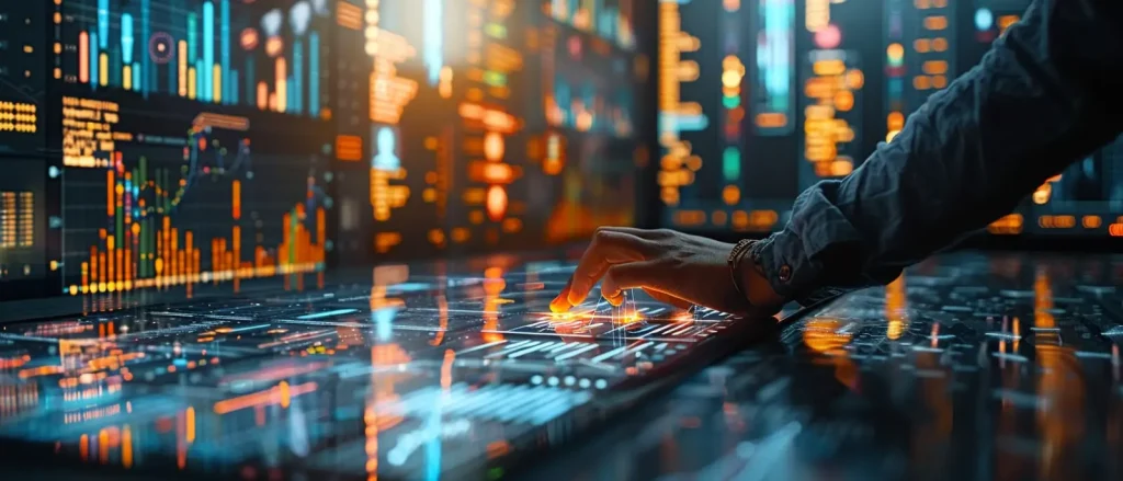 Die Hand einer Person interagiert mit einem High-Tech-Touchscreen-Display, das von verschiedenen beleuchteten Datengrafiken und Diagrammen in einer futuristischen Kontrollraumumgebung umgeben ist.