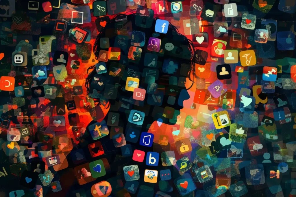 Silhouette einer Person, umgeben von zahlreichen bunten Social-Media-Symbolen auf einem lebendigen, abstrakten Hintergrund.
