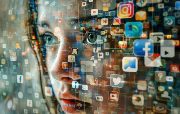 Nahaufnahme des Gesichts einer Frau mit verschiedenen Social-Media-Symbolen wie Facebook, Twitter und Instagram, die ihre Gesichtszüge überlagern und so eine Verbindung zwischen Identität und Social-Media-Präsenz suggerieren.