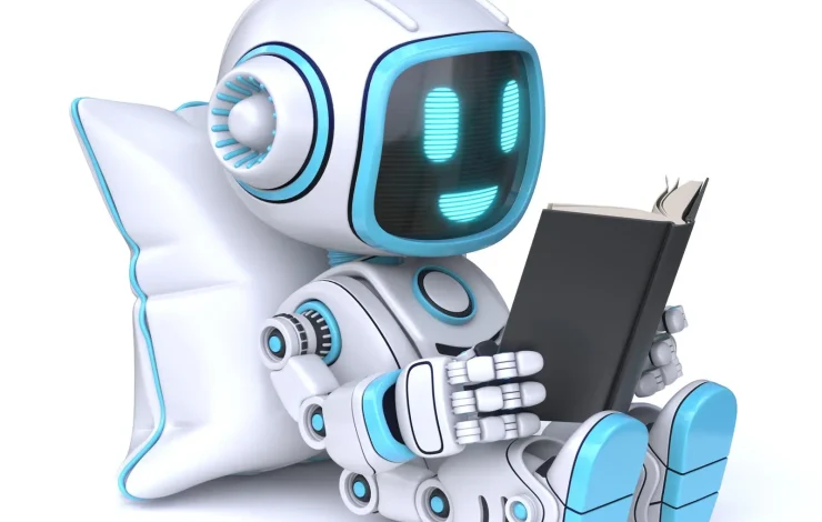 Ein kleiner Roboter mit einem digitalen Smiley liest ein Buch, während er an ein Kissen gelehnt sitzt.