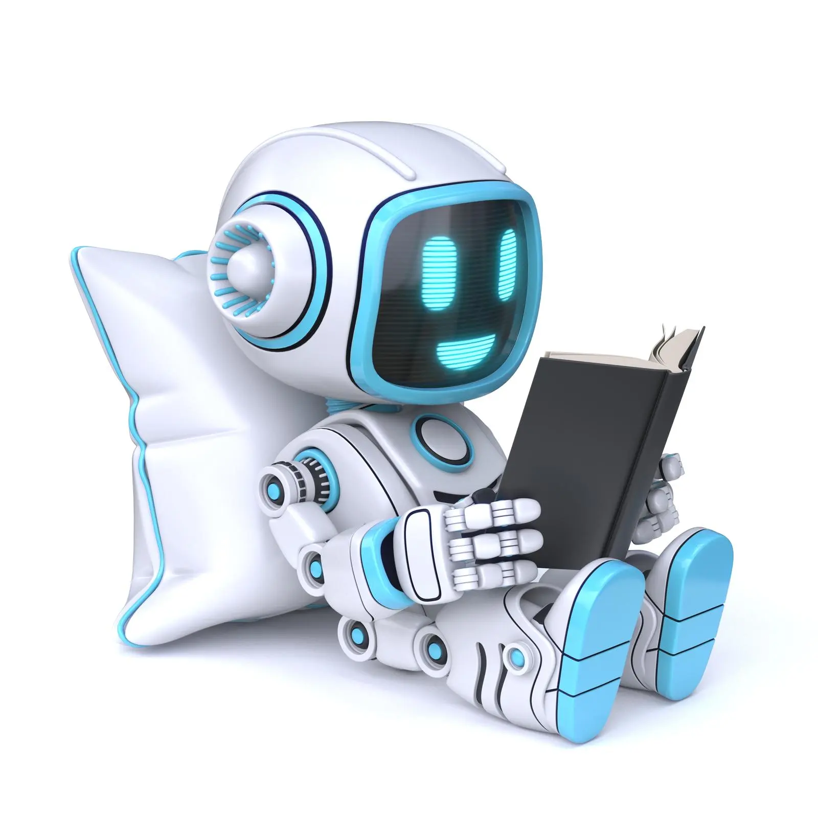 Ein kleiner Roboter mit einem digitalen Smiley liest ein Buch, während er an ein Kissen gelehnt sitzt.