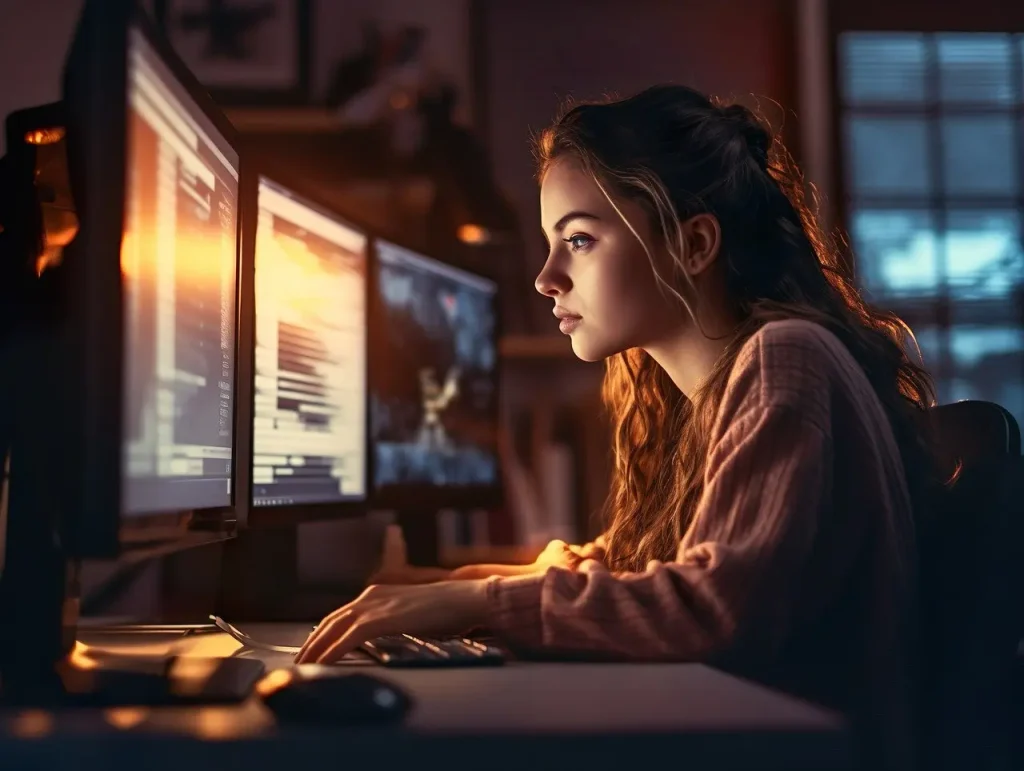 Eine Frau mit langen Haaren arbeitet konzentriert am Programmieren an einem Computer mit mehreren Monitoren in einem schwach beleuchteten Raum.
