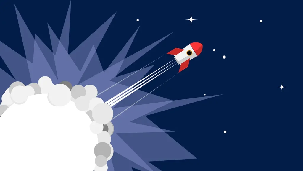 Ein rotes Raketenschiff startet mit einer Rauchspur vor einem dunkelblauen, sternenübersäten Hintergrund in den Weltraum.