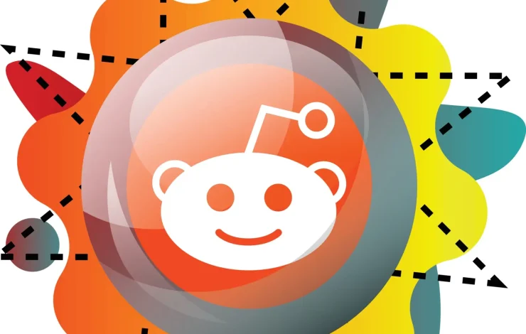 Eine Illustration des Reddit-Logos in kreisförmiger Form, umgeben von bunten abstrakten Formen und gestrichelten Linien.