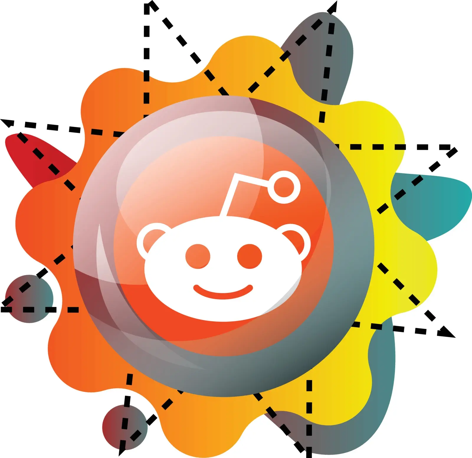 Eine Illustration des Reddit-Logos in kreisförmiger Form, umgeben von bunten abstrakten Formen und gestrichelten Linien.