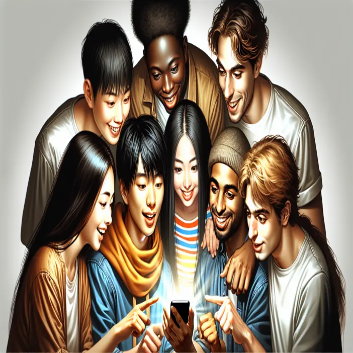 Eine bunt gemischte Gruppe von acht Personen lächelt und versammelt sich eng um ein Smartphone, das ein leuchtendes Licht ausstrahlt, während sie auf den Bildschirm zeigen und darauf blicken.