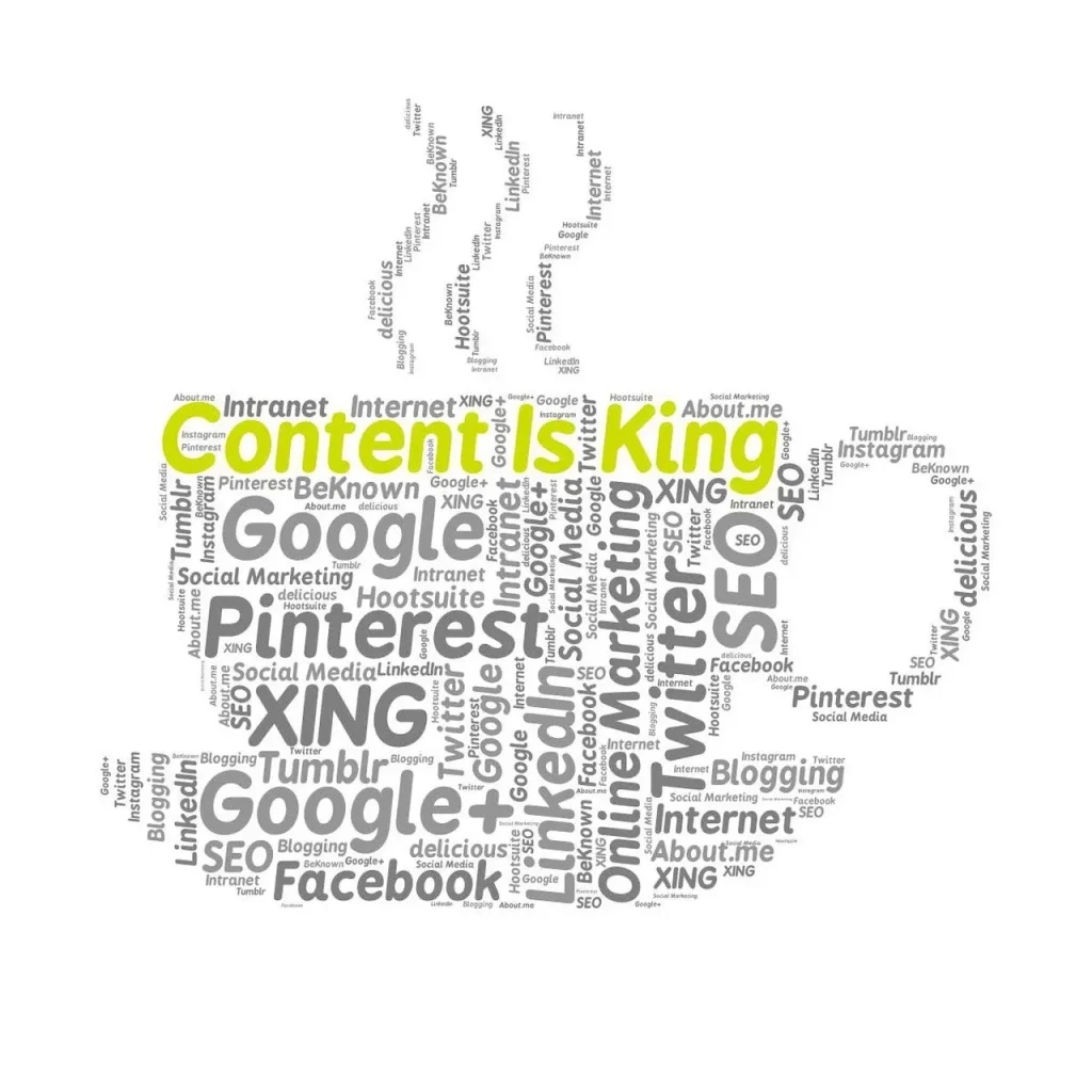 Eine Wortwolke in Form einer Krone mit Begriffen aus dem Online-Marketing wie „Content is King“, „Google“, „SEO“, „Pinterest“, „XING“, „Social Media“, „Blogging“ und „Facebook“.