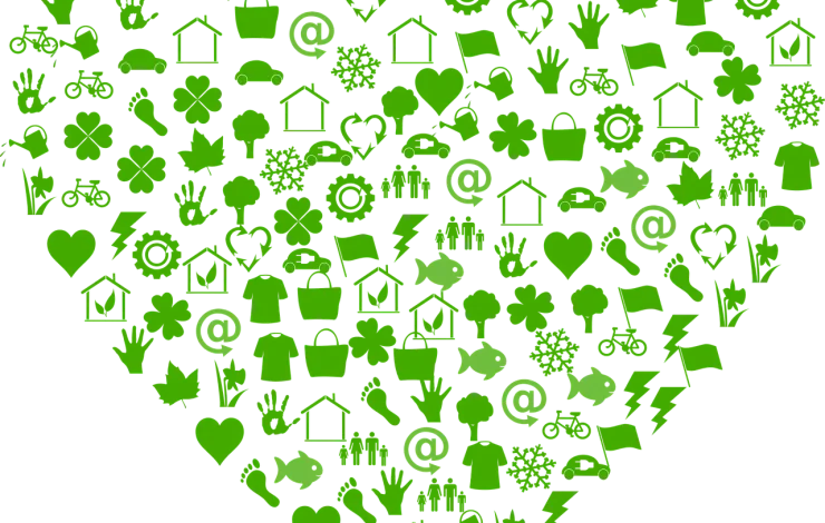 Eine herzförmige Collage aus verschiedenen grünen Symbolen, darunter Blätter, Bäume, Häuser und Recyclingsymbole, die Natur und Nachhaltigkeit repräsentieren.