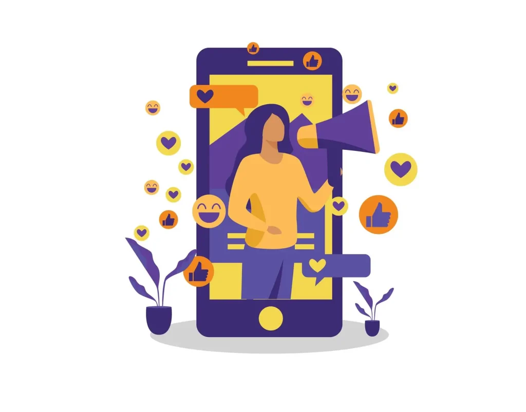 Abbildung einer Person, die durch ein Megafon auf einem Smartphone-Bildschirm spricht, umgeben von Social-Media-Symbolen wie Herzen, Likes und Emojis. Unten sind zwei kleine Pflanzen zu sehen.