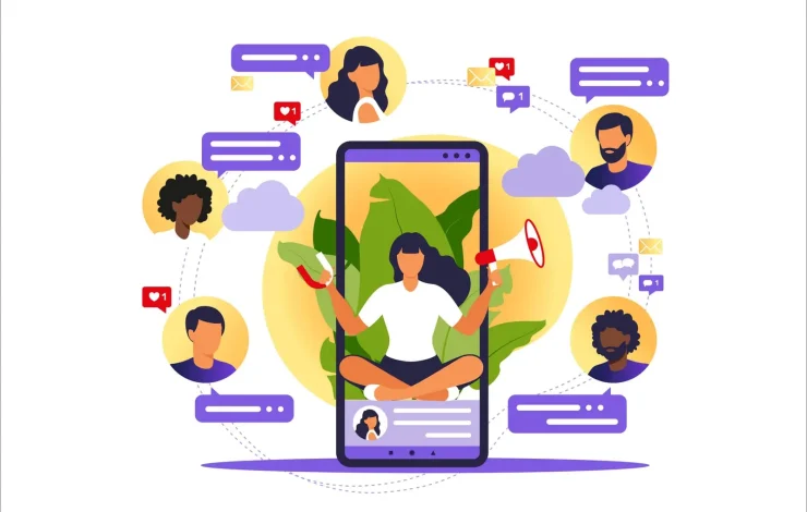 Eine Illustration einer Person, die auf einem Smartphone-Bildschirm meditiert, umgeben von Avataren von Menschen, die über Nachrichtensymbole kommunizieren.