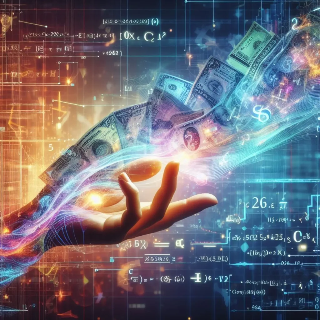 Eine nach oben gestreckte Hand mit Strömen von Währungs- und Digitalsymbolen, die Finanztechnologie und digitale Transaktionen symbolisieren.