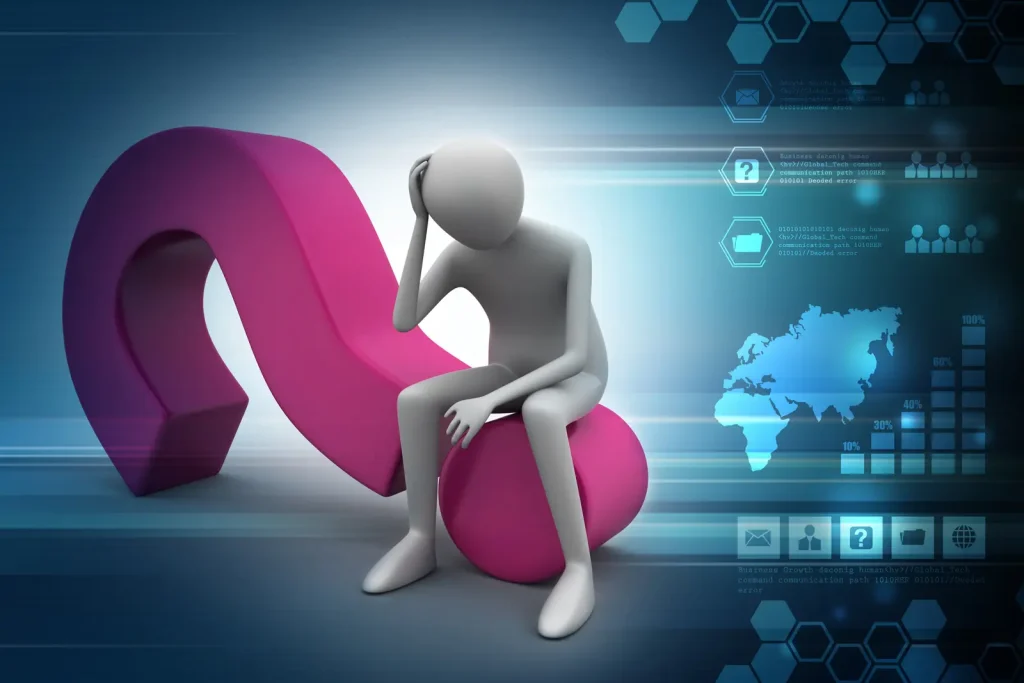 Eine Figur sitzt auf einem Fragezeichen, umgeben von digitalen Grafiken und einer Weltkarte, was Verwirrung und Datenanalyse symbolisiert.