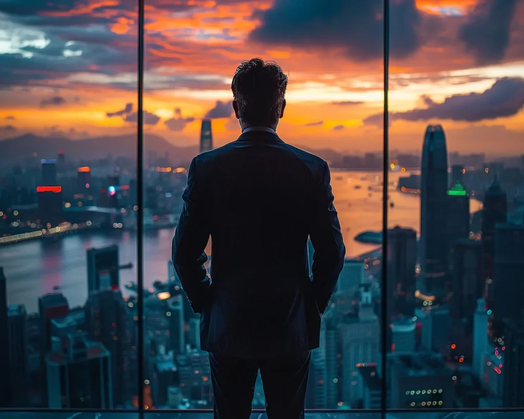 Eine Person im Anzug steht an einem großen Fenster und blickt auf eine Stadtlandschaft bei Sonnenuntergang, in der Wolkenkratzer und eine Wasserfläche zu sehen sind.