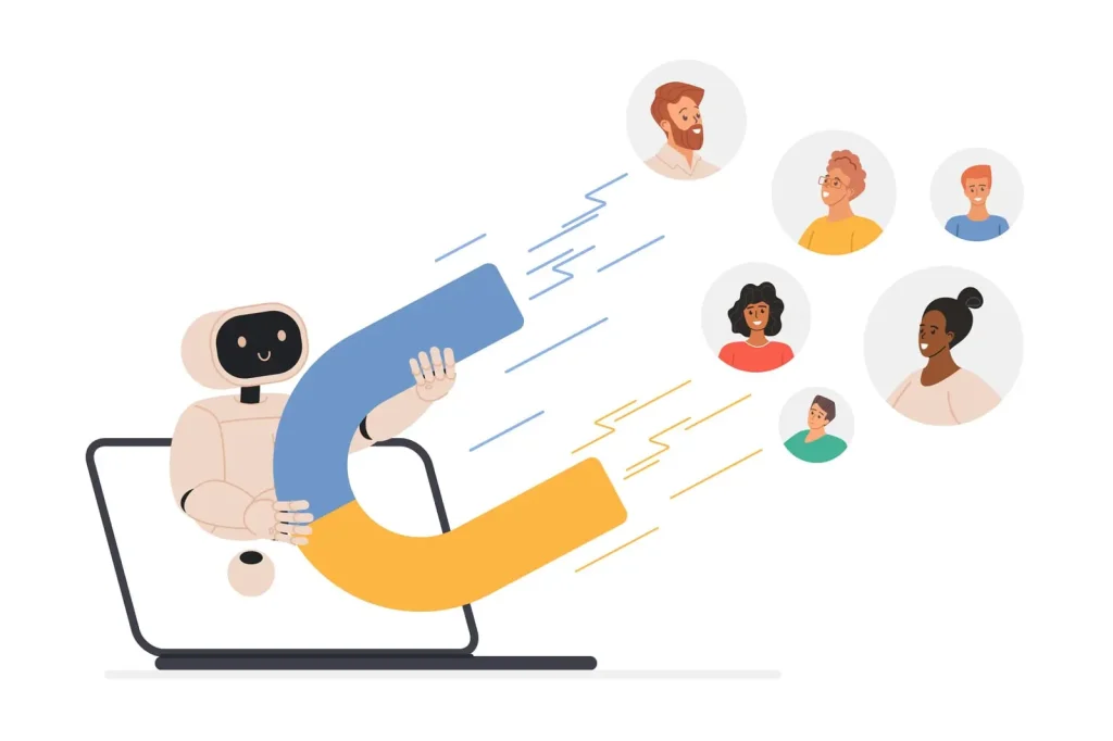 Aus einem Laptop kommt ein Roboter, der einen Magneten in der Hand hält, der verschiedene Zeichentrickfigurensymbole anzieht und so digitales Engagement oder digitalen Einfluss symbolisiert.