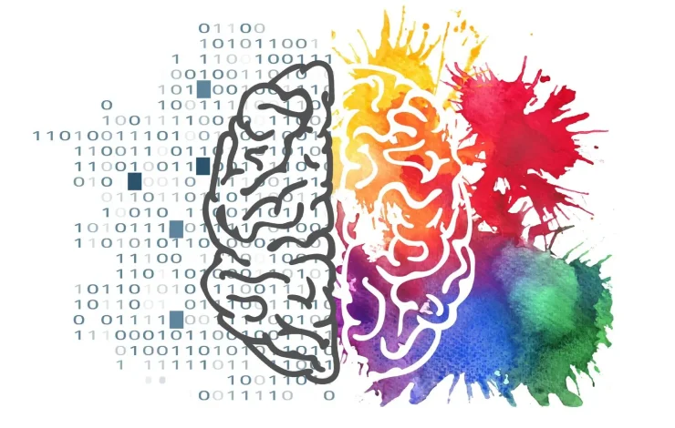Abbildung eines Gehirns, linke Hälfte mit Binärcode und rechte Hälfte mit bunten Farbspritzern, die den Kontrast zwischen analytischem und kreativem Denken symbolisieren.