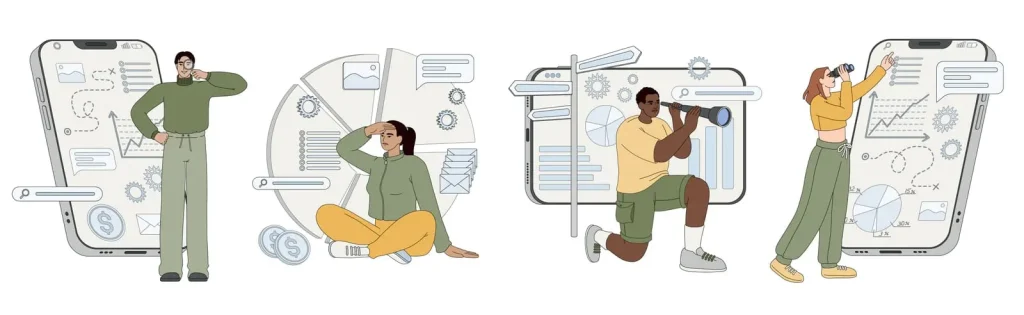 Illustration von vier Personen, die mit übergroßen Smartphone-Bildschirmen interagieren und Diagramme, Grafiken und Symbole aus den Bereichen Finanzen und Datenanalyse anzeigen.