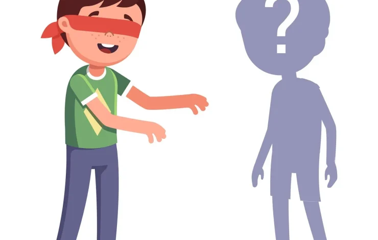 Ein Comic-Kind mit verbundenen Augen streckt seine Hand nach einer Silhouette mit einem Fragezeichen im Gesicht aus.