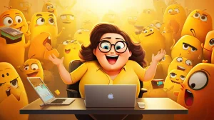 Eine Cartoon-Frau an einem Schreibtisch mit zwei Laptops, umgeben von lächelnden gelben Figuren in einer animierten Szene.