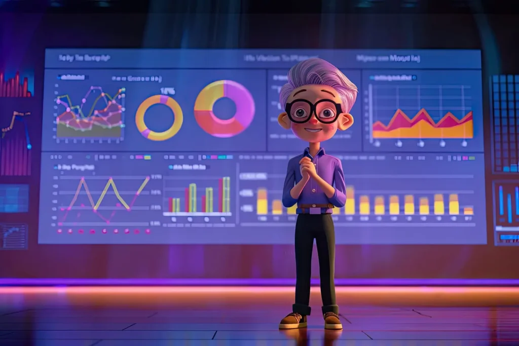 Eine animierte Figur mit Brille steht vor einem großen Datenbildschirm, auf dem verschiedene bunte Diagramme und Grafiken angezeigt werden.