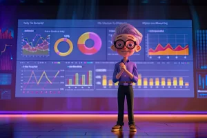 Eine animierte Figur mit Brille steht vor einem großen Datenbildschirm, auf dem verschiedene bunte Diagramme und Grafiken angezeigt werden.