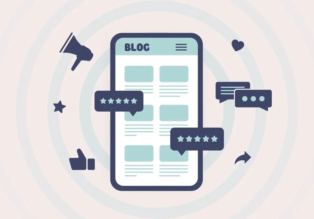 Abbildung eines Smartphones, auf dem ein Blog mit Bewertungssternen, Kommentaren, einem Daumen hoch, einem Megafon und einem Herzsymbol angezeigt wird, das Interaktion und Engagement symbolisiert.