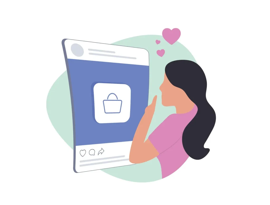 Illustration einer Frau, die einen Online-Shopping-Post mit einem Einkaufstaschensymbol, umgeben von Herzsymbolen, bewundert.