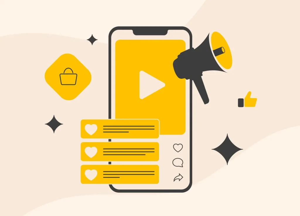 Abbildung eines Smartphones mit einer Wiedergabetaste auf dem Bildschirm, umgeben von einem Megaphon, Chatblasen, einem Einkaufstaschensymbol und einem Daumen-hoch-Symbol.