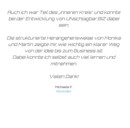 Text auf weißem Hintergrund, der Dankbarkeit für die Mitarbeit in einem Erfolg 4.0-Entwicklungsteam ausdrückt und strukturierte Methoden und persönliches Wachstum hervorhebt. Signiert von Michaela F. aus München.
