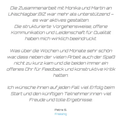 Getippter Brief mit einem Erfahrungsbericht über eine positive Zusammenarbeit mit Monika und Martin bei UNschlagBar.BIZ. Die Nachricht lobt ihre Professionalität und Unterstützung und hebt hervor, wie sich ihr Erfolgsprogramm nahtlos in den Rahmen von Weg zum Erfolg 4.0 einfügt.
