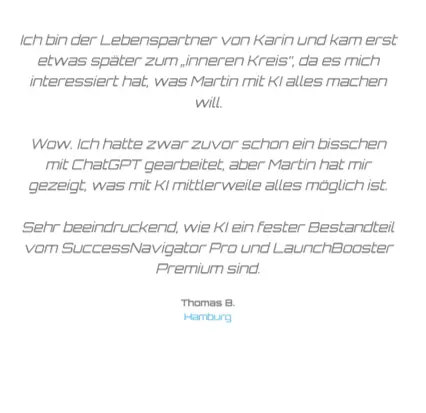 Der Text beleuchtet die beeindruckenden Fähigkeiten von KI und ChatGPT sowie die nahtlose Integration. Eine Person berichtet von Erfahrungen mit dem Erfolgsprogramm SuccessNavigator Pro und LaunchBooster Premium als Teil ihres Weges zum Erfolg 4.0, um ganzheitlich zu begründen.