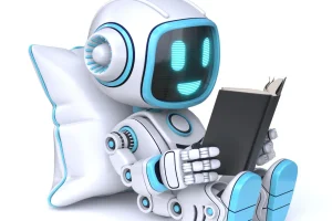 Ein kleiner Roboter mit einem digitalen Smiley liest ein Buch, während er an ein Kissen gelehnt sitzt.